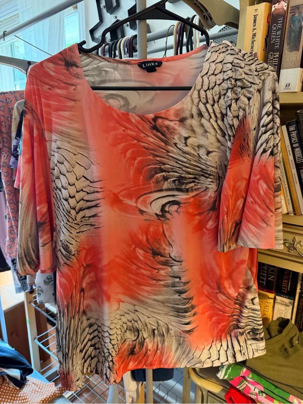 Link Coral and Cream Printed Scoop Neck Short Sleeve Top